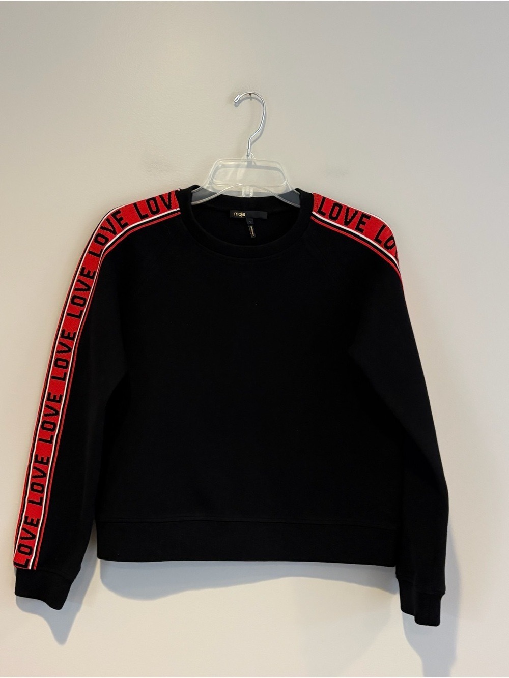 Maje Toske Neoprene Black Crewneck Sweater with Red LOVE Trim Size S